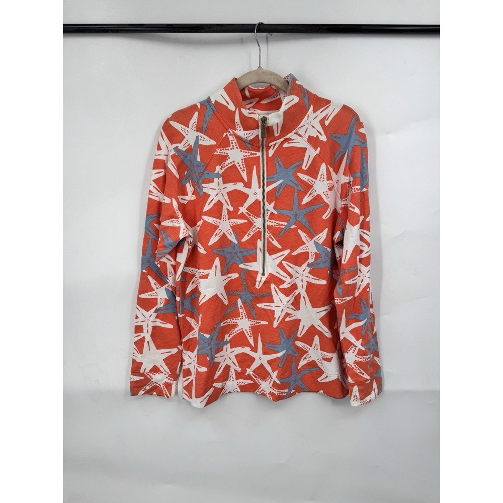 Crown & Ivy Beach Stsrfish Print Quarter Zip Pullover Women Petite Large Orange